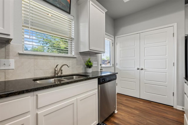 1404 Jenkins Bnd Unit 11, Austin, TX 78748 - kitchen with dishwasher, backsplash, white cabinets, dark wood-style floors, and dark stone countertops