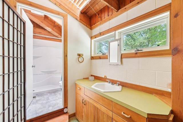 full bathroom with vanity, a shower, and toilet