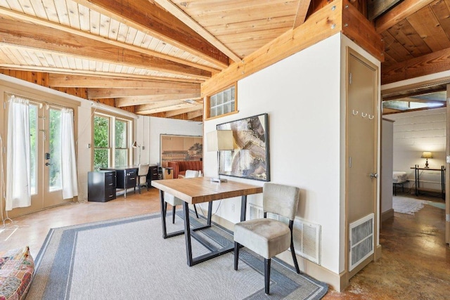 office space featuring concrete flooring, visible vents, beam ceiling, and wood ceiling