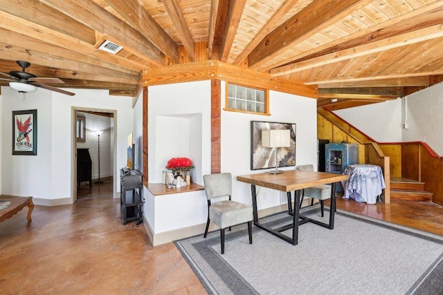 office with visible vents, beam ceiling, wood ceiling, finished concrete flooring, and ceiling fan
