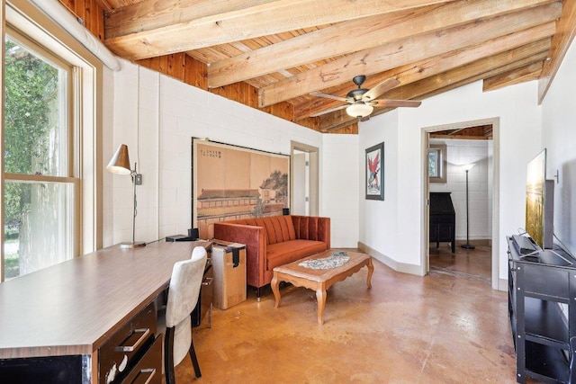 living area featuring a ceiling fan, wooden ceiling, concrete flooring, beamed ceiling, and baseboards