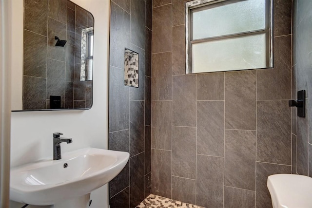 bathroom featuring a shower stall, toilet, and a sink