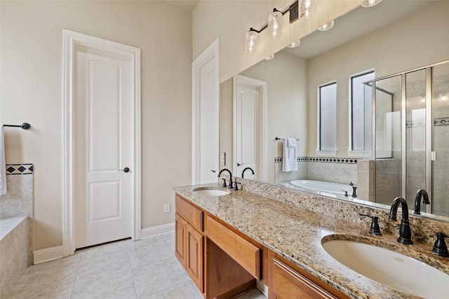 2328 Gilia Dr, Austin, TX 78733 - bathroom featuring a shower stall, a bath, double vanity, and tile patterned flooring