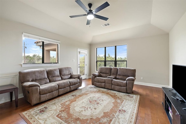 2328 Gilia Dr, Austin, TX 78733 - living room featuring wood finished floors, a ceiling fan, and vaulted ceiling