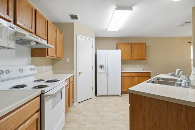 223 Sylvan St, Hutto, TX 78634 - kitchen with a sink, white appliances, light countertops, under cabinet range hood, and visible vents