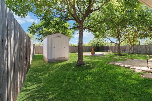 223 Sylvan St, Hutto, TX 78634 - view of yard with a fenced backyard, an outdoor structure, a storage shed, and a patio
