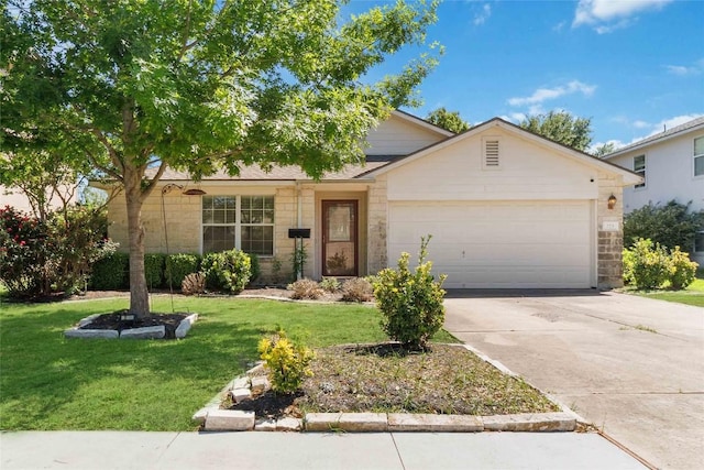 223 Sylvan St, Hutto, TX 78634 - traditional-style house with stone siding, an attached garage, a front lawn, and concrete driveway