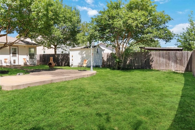 223 Sylvan St, Hutto, TX 78634 - view of yard featuring an outdoor structure, a patio area, a shed, and a fenced backyard
