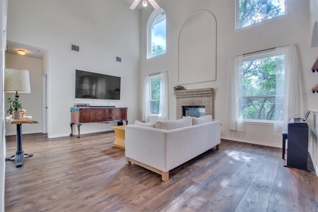 living area featuring a high ceiling, a healthy amount of sunlight, wood finished floors, and baseboards