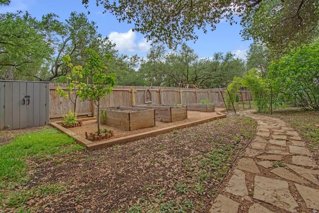 view of yard featuring a storage shed, a vegetable garden, a fenced backyard, and an outdoor structure