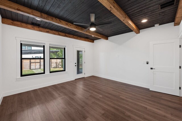 7008 Meador Ave Unit 1, Austin, TX 78752 - spare room with wooden ceiling with exposed beams, dark wood finished floors, baseboards, and ceiling fan