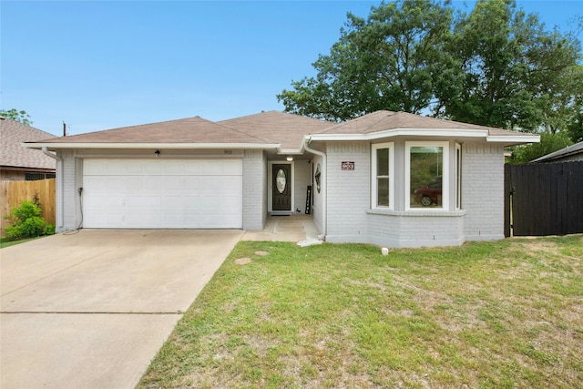 ranch-style house with brick siding, fence, concrete driveway, and an attached garage