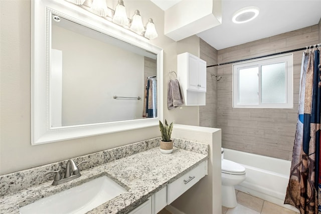bathroom featuring toilet, tile patterned floors, shower / bathtub combination with curtain, and vanity