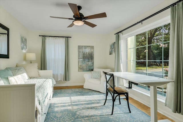 interior space featuring ceiling fan, baseboards, and wood finished floors
