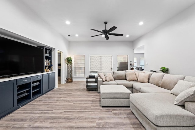508 Explorer, Lakeway, TX 78734 - living room with light wood finished floors, a ceiling fan, and recessed lighting