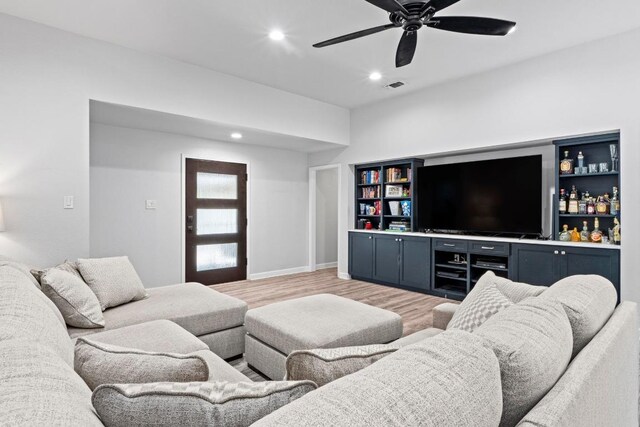 508 Explorer, Lakeway, TX 78734 - living room with light wood-style floors, recessed lighting, and ceiling fan