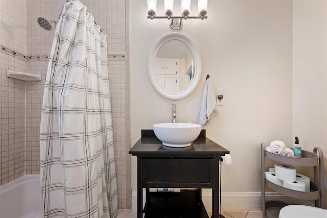 full bath with vanity and shower / bath combination with curtain