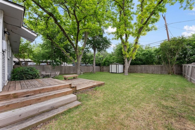 view of yard featuring an outbuilding, a storage shed, a deck, and a fenced backyard