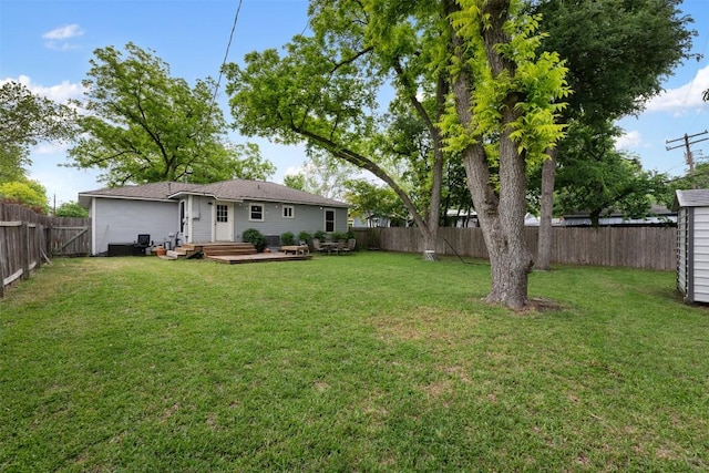 view of yard featuring a fenced backyard and a wooden deck