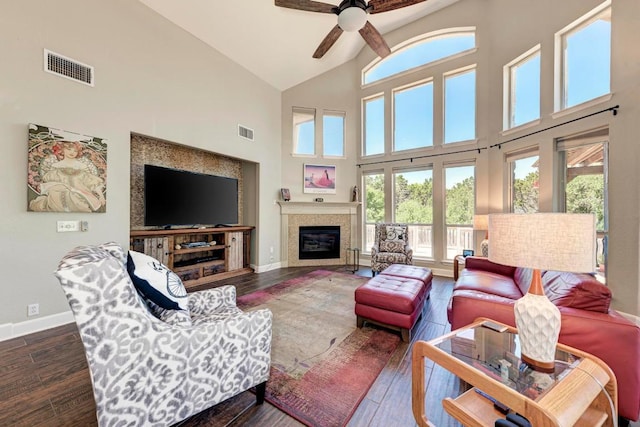 living room featuring visible vents, high vaulted ceiling, wood finished floors, and a ceiling fan
