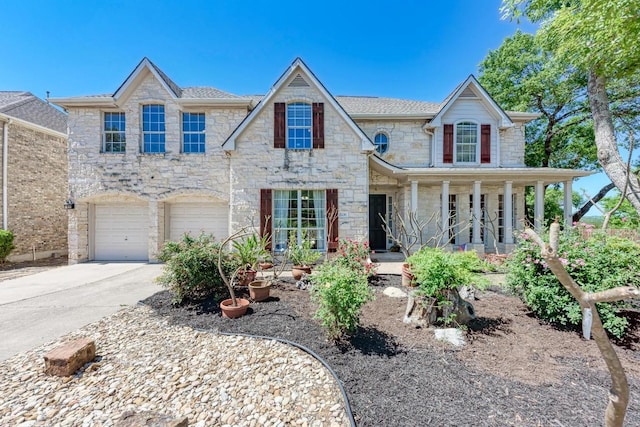traditional-style home with a porch, driveway, stone siding, and an attached garage
