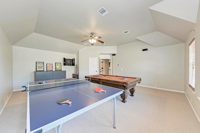 rec room with ceiling fan, visible vents, light carpet, pool table, and lofted ceiling
