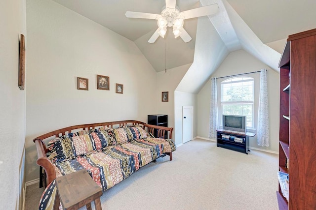 bedroom with baseboards, ceiling fan, carpet floors, and vaulted ceiling