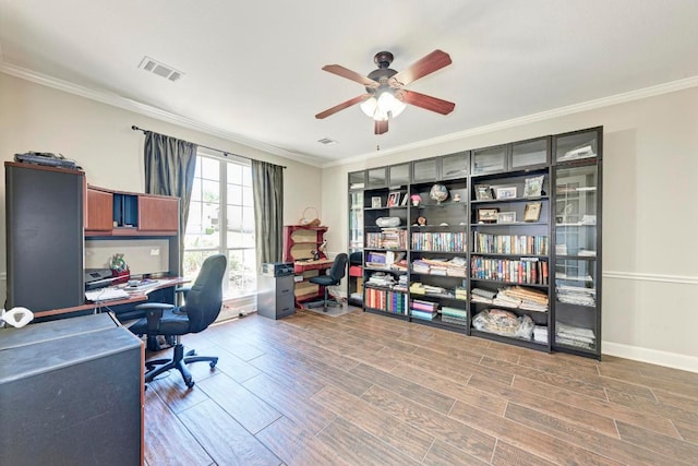8236 Phantom Canyon Dr, Austin, TX 78726 - home office featuring wood finished floors, a ceiling fan, crown molding, and baseboards