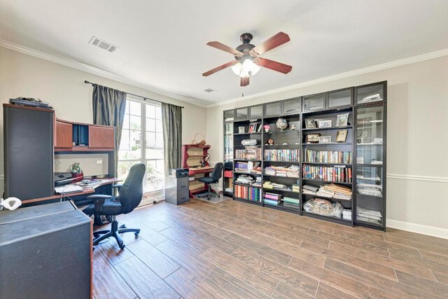 8236 Phantom Canyon Dr, Austin, TX 78726 - office with a ceiling fan, wood finished floors, and ornamental molding