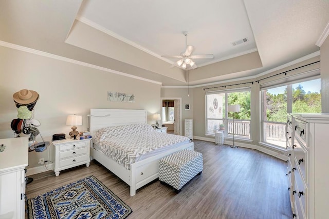 8236 Phantom Canyon Dr, Austin, TX 78726 - bedroom featuring a tray ceiling, wood finished floors, access to outside, baseboards, and ornamental molding