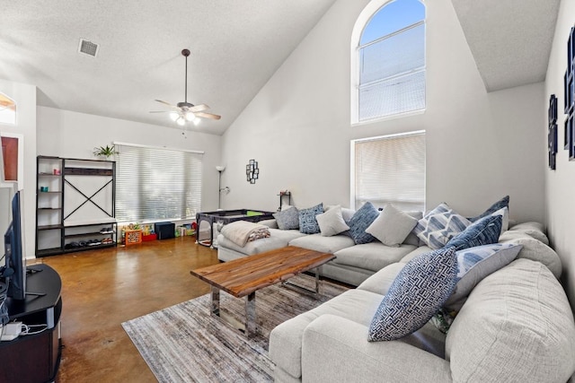 16918 Ardisia Dr, Pflugerville, TX 78660 - living room featuring concrete flooring, a ceiling fan, high vaulted ceiling, and a textured ceiling