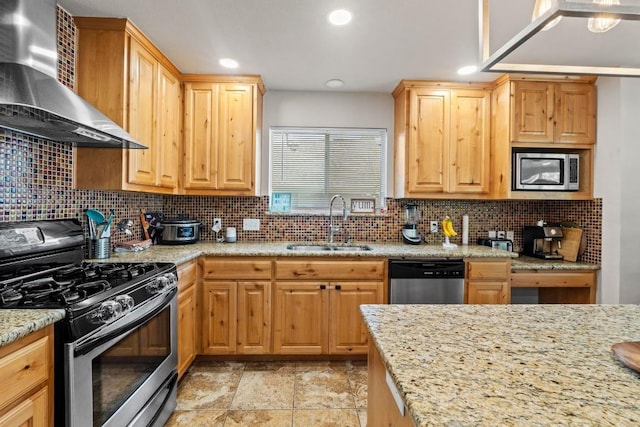kitchen with decorative backsplash, a sink, stainless steel appliances, recessed lighting, and wall chimney exhaust hood