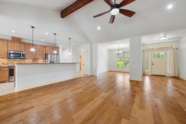 unfurnished living room with recessed lighting, light wood-style flooring, vaulted ceiling with beams, and ceiling fan with notable chandelier