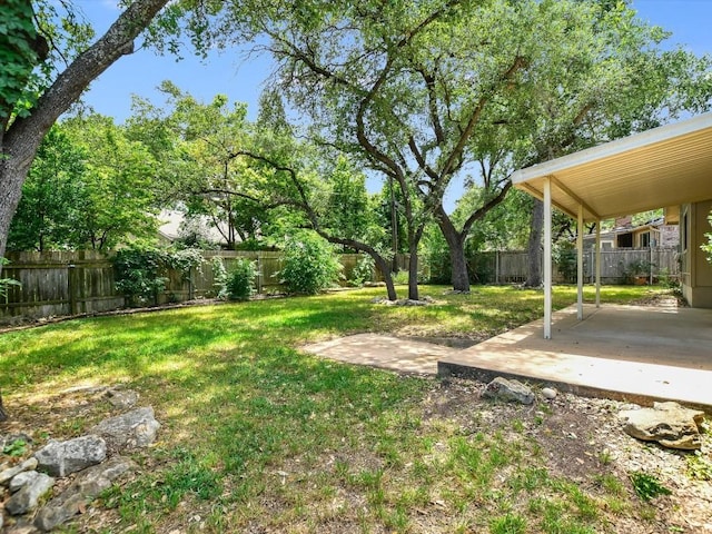 view of yard with a fenced backyard and a patio area