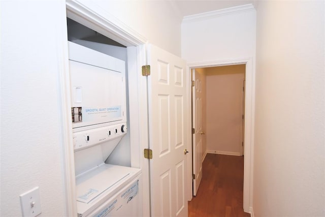 3007 Speedway Unit 6, Austin, TX 78705 - corridor with stacked washing maching and dryer, dark wood-style flooring, and crown molding