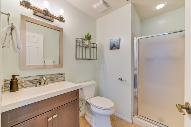 full bathroom with vanity, decorative backsplash, toilet, a stall shower, and visible vents