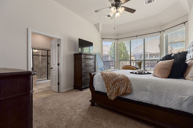 2812 Saint Rodrigo Ct, Round Rock, TX 78665 - bedroom featuring multiple windows, light colored carpet, connected bathroom, and ceiling fan