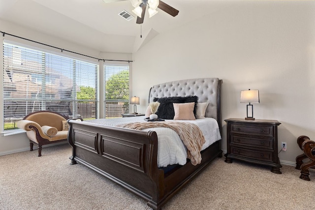 2812 Saint Rodrigo Ct, Round Rock, TX 78665 - bedroom featuring light colored carpet, vaulted ceiling, and a ceiling fan