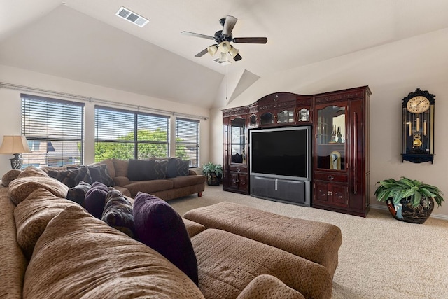 2812 Saint Rodrigo Ct, Round Rock, TX 78665 - living area featuring light colored carpet, vaulted ceiling, and a ceiling fan