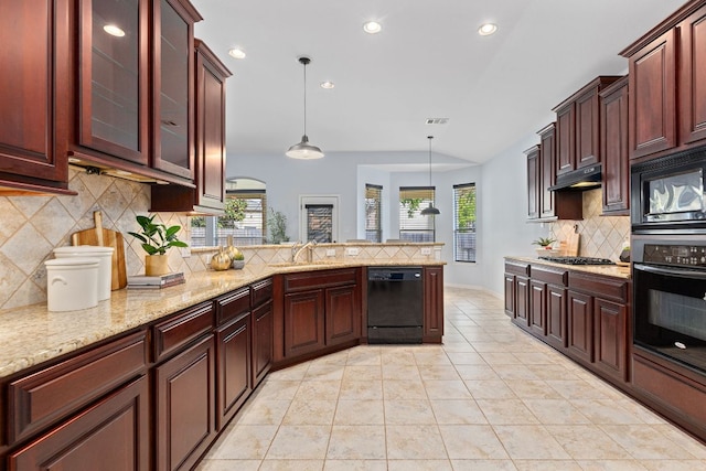 2129 Aaron Ross Way, Round Rock, TX 78665 - kitchen with black appliances, backsplash, recessed lighting, decorative light fixtures, and a peninsula