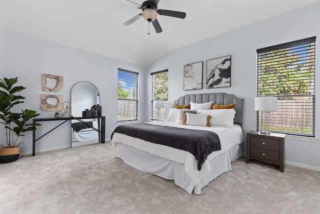 2129 Aaron Ross Way, Round Rock, TX 78665 - bedroom with ornamental molding, lofted ceiling, light carpet, and a ceiling fan