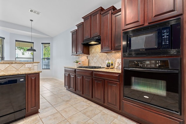 2129 Aaron Ross Way, Round Rock, TX 78665 - kitchen featuring black appliances, lofted ceiling, backsplash, under cabinet range hood, and light tile patterned floors