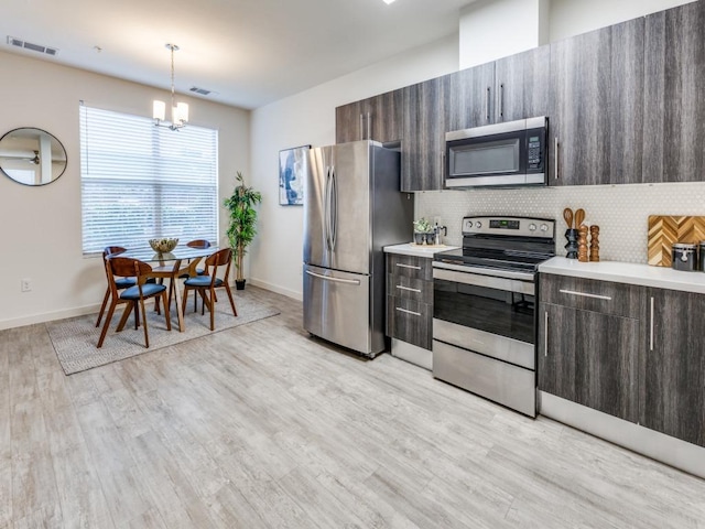 7805 Cooper Ln Unit 103, Austin, TX 78745 - kitchen featuring appliances with stainless steel finishes, visible vents, light countertops, a notable chandelier, and light wood-style floors