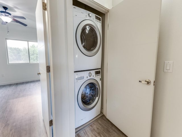 7805 Cooper Ln Unit 103, Austin, TX 78745 - washroom with laundry area, wood finished floors, ceiling fan, and stacked washer and dryer