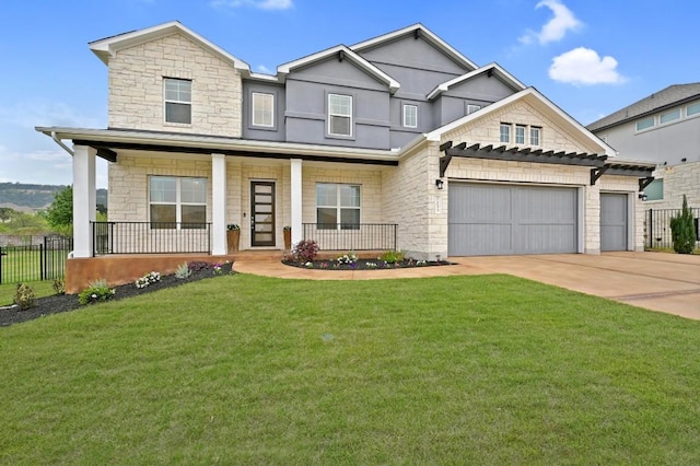 233 Abbeyville Walk, Austin, TX 78738 - view of front facade featuring stone siding, a porch, concrete driveway, and a garage