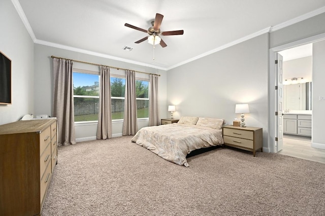 233 Abbeyville Walk, Austin, TX 78738 - bedroom featuring light colored carpet, crown molding, ensuite bathroom, ceiling fan, and baseboards