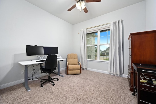 233 Abbeyville Walk, Austin, TX 78738 - carpeted office space featuring ceiling fan, baseboards, and lofted ceiling