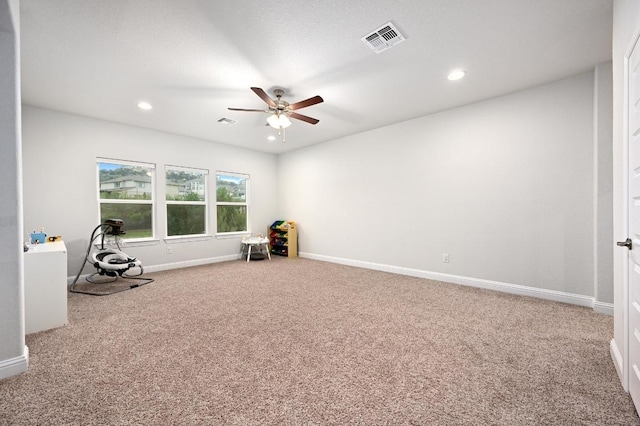 233 Abbeyville Walk, Austin, TX 78738 - exercise room featuring a ceiling fan, carpet floors, recessed lighting, and baseboards