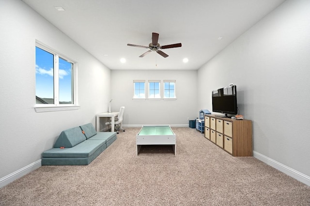 233 Abbeyville Walk, Austin, TX 78738 - living area with ceiling fan, carpet floors, and baseboards