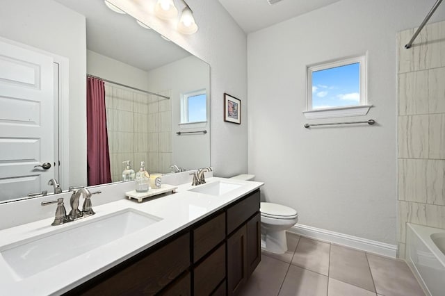 233 Abbeyville Walk, Austin, TX 78738 - bathroom with double vanity, tile patterned floors, toilet, shower / tub combo with curtain, and baseboards